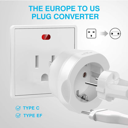 1 Pack Europe to US Plug Adapter,  European to US Plug Adapter, EU to US Plug Adapter, Europe to USA Travel Converter for Most of Europe EU Spain France Type C E F Plugs to US Power Adapter